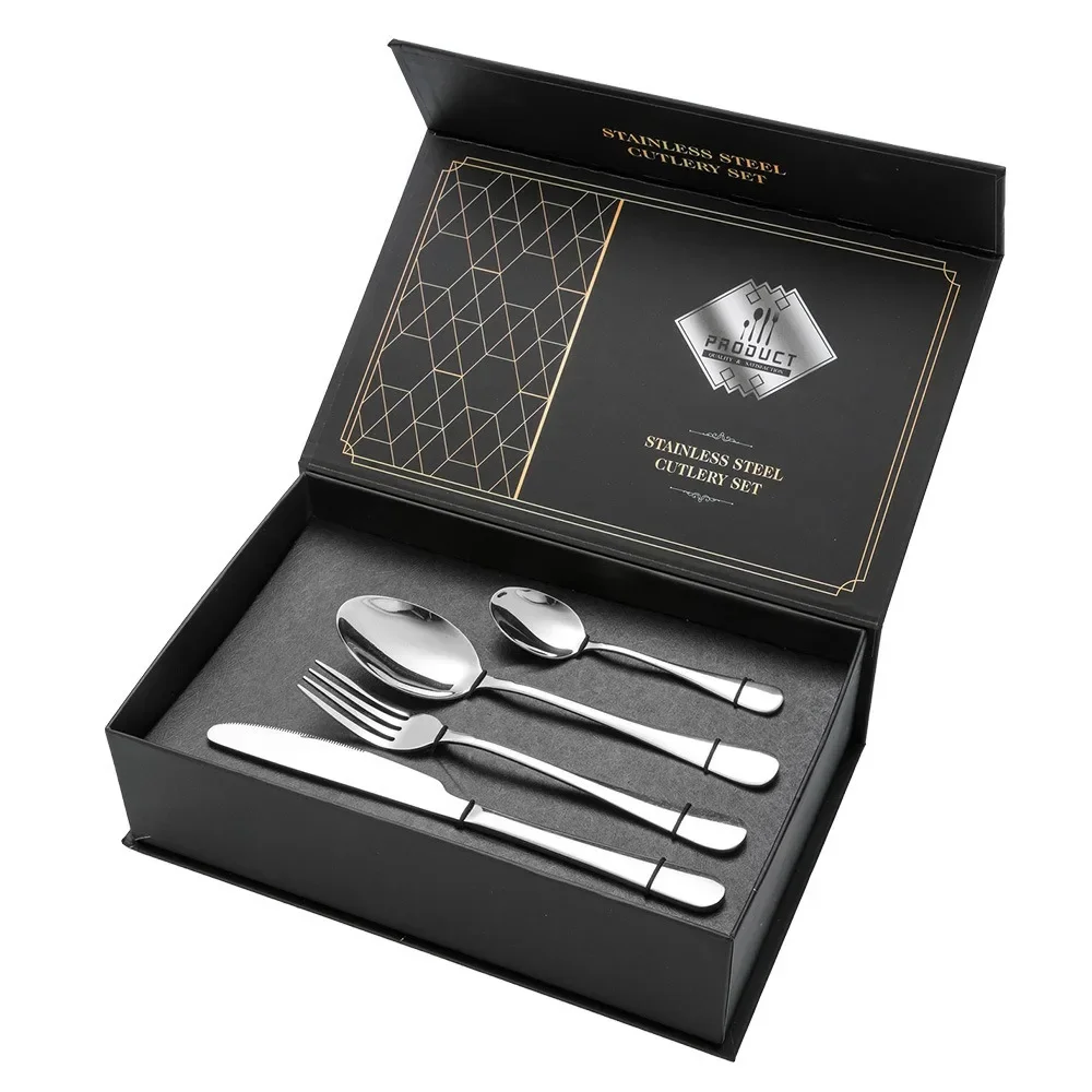 24Pcs Stainless Steel Dinner Black Dinnerware Set Western Spoon Knife Fork Cutlery Set Gift Box Kitchen Tableware Silverware Set