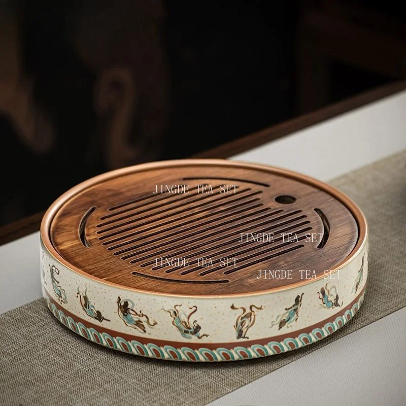 Dunhuang Flying Apsaras Round Tea Tray with Bamboo Drainage Board and Ceramic Water Storage Base Dry Brewing Tea Tray for Home