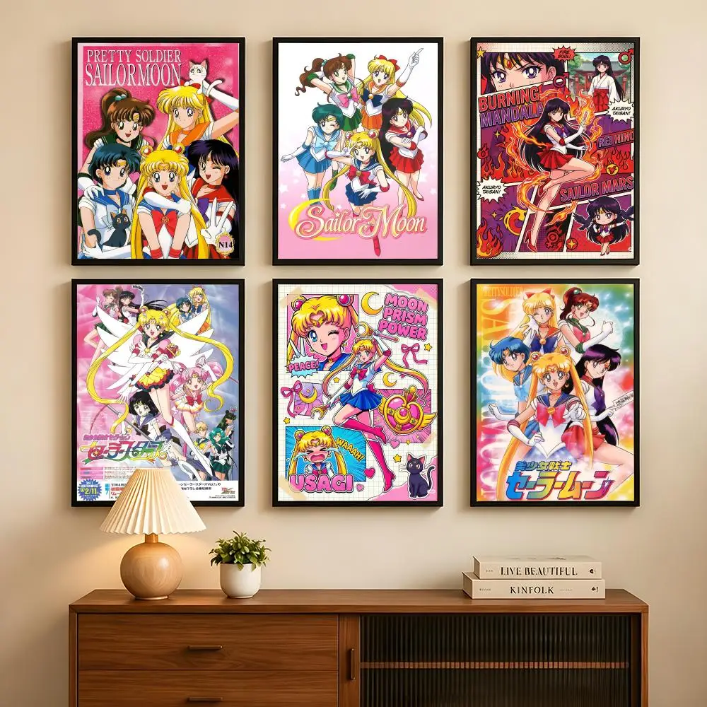 Affiche d'anime S-Sailor Moon, autocollant artistique auto-adhésif imperméable pour la décoration murale d'une caféterie, d'un bar ou d'une chambre