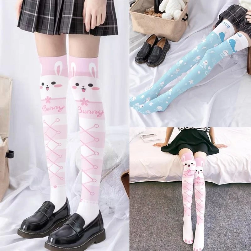 Japanese Women Thigh High Stockings Harajuku Cartoon Rabbit Jellyfish Print Anime Over Knee Socks 15UB