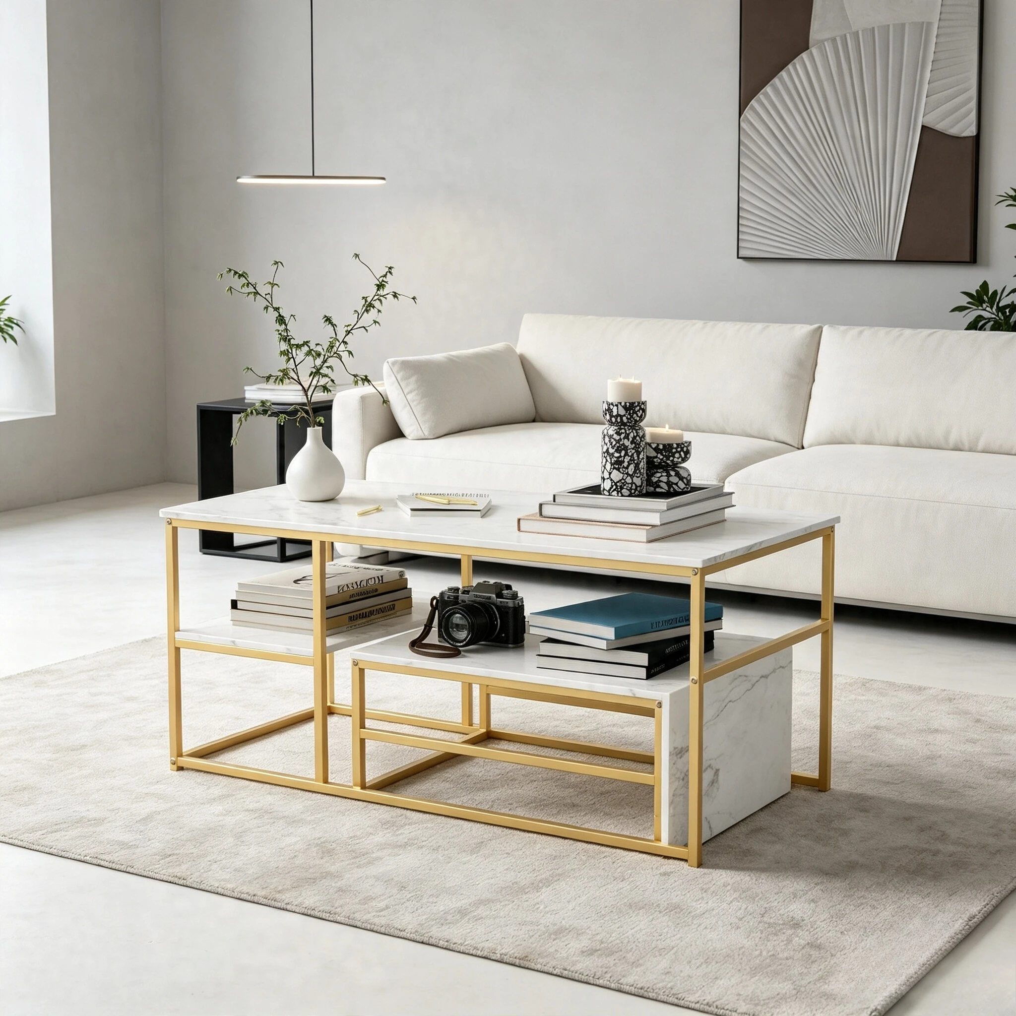 Ensemble de tables basses carrées imbriquées avec plateau en marbre, table d'appoint moderne avec structure en métal et plateau en MDF pour salon, blanc doré/noir blanc/noir et bois