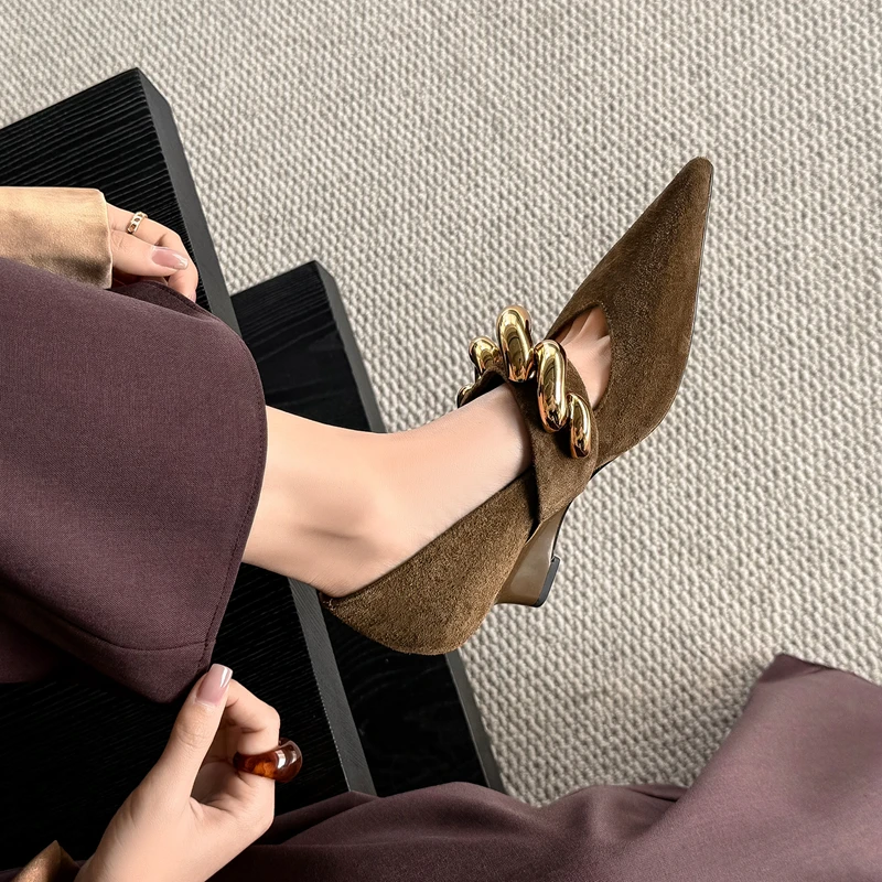 New Spring 2026 Trend Metal Chain Wedge Shoes Woman Genuine Leather Pointed Toe Slope Heels Red Ladies Dress Wedding Party Shoes