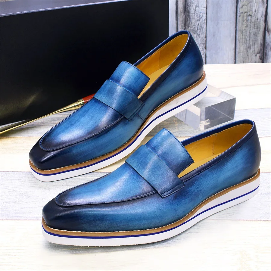 

New 2025 Men Patent Leather Party Loafers Shoes Slip On Genuine Leather Mens Penny Loafers Blue Shoes For Men