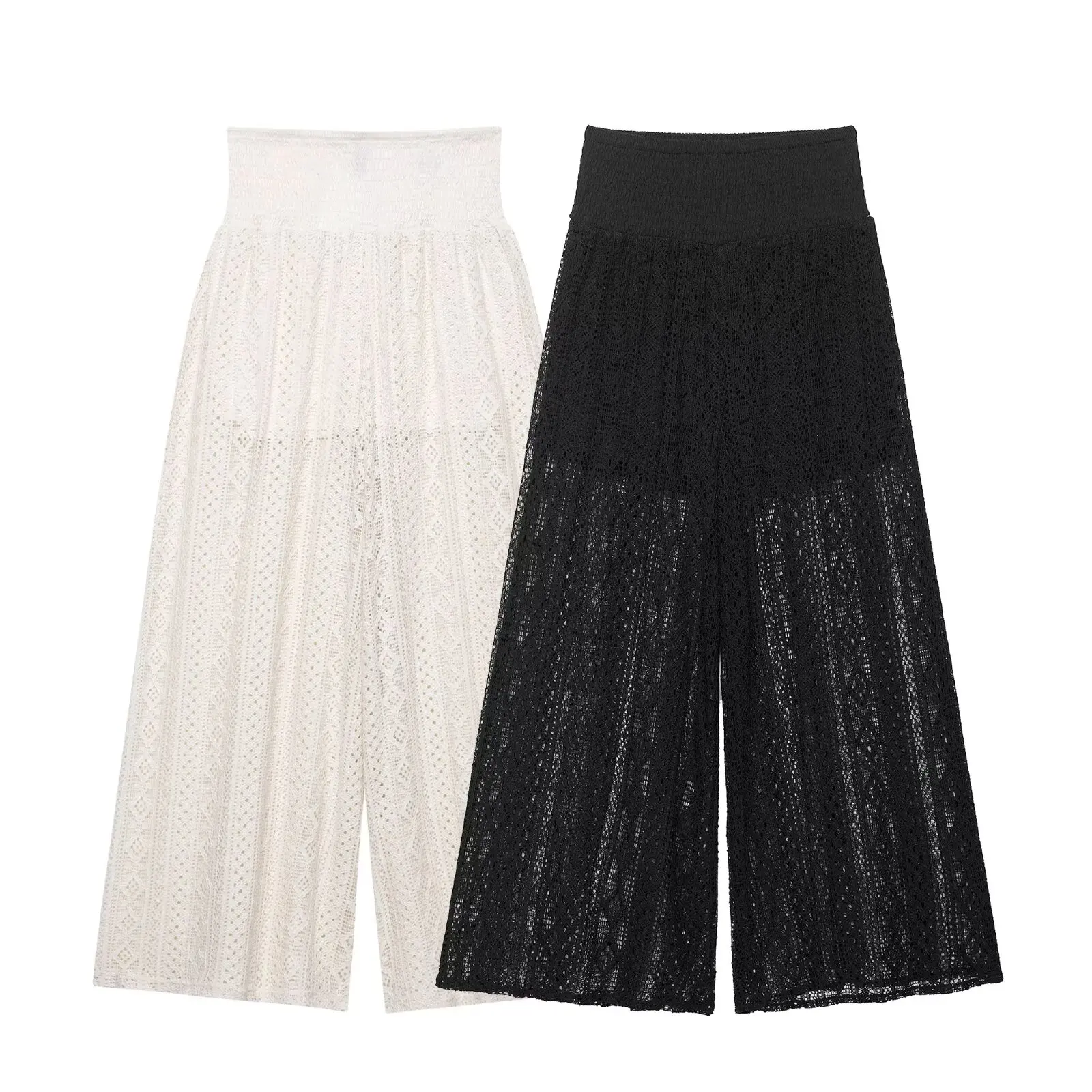 

Women's 2025 new fashion lace decoration loose hollow splicing wide leg pants retro elastic waist women's pants