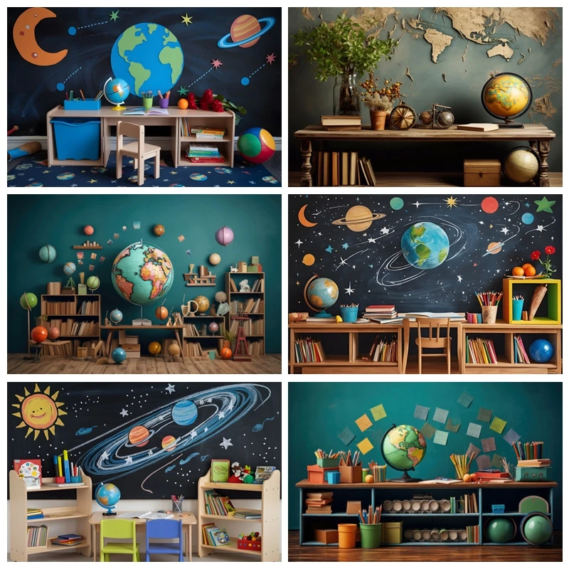 Back To School Photography Backdrop Universe Wall  Desk Globe Bookshelf Party Decoration Kids Adults Portrait Photo Background