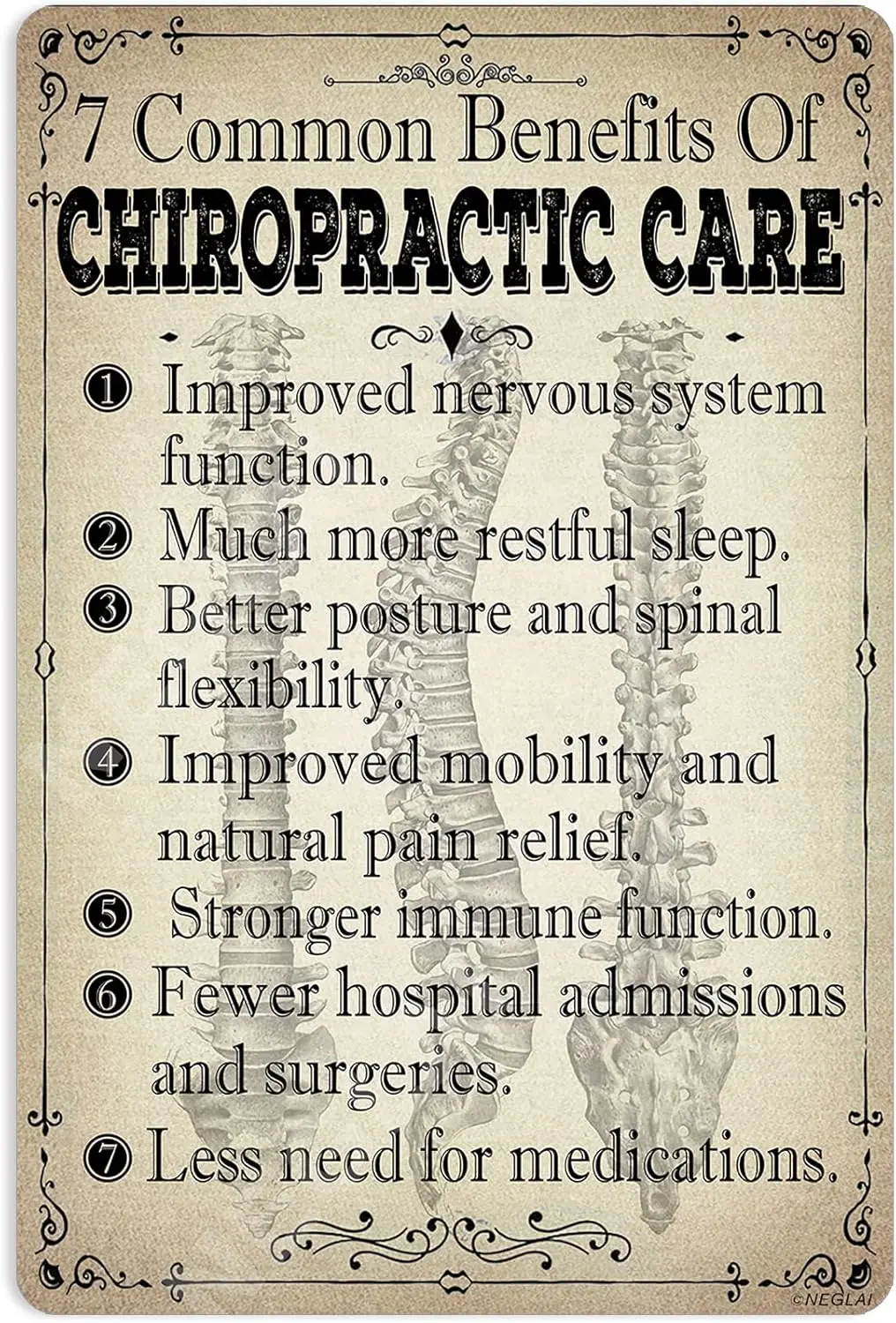 7 Common Benefits of Chiropractic Care Knowledge Metal Signs Poster, Chiropractor Office Wall Decorations Vintage Decor 8x1 sign