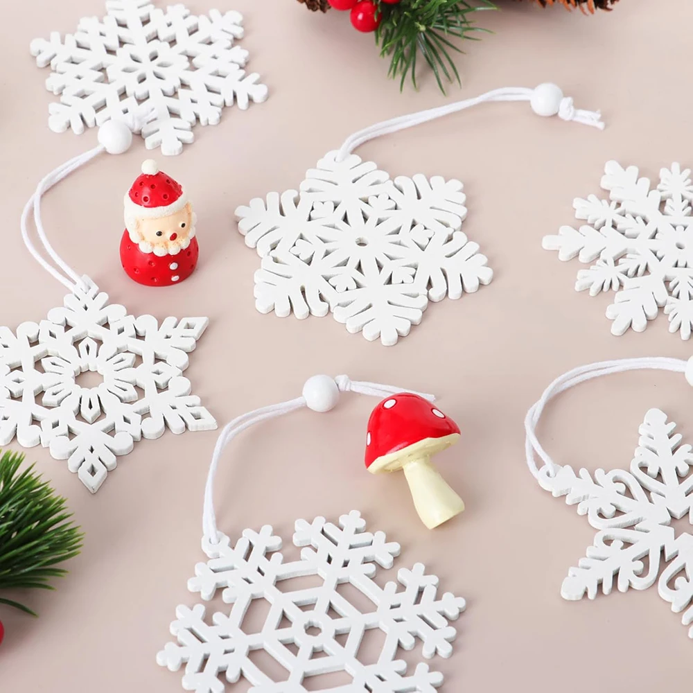 16 قطعة رقاقات الثلج الخشبية البيضاء حلي عيد الميلاد ندفة الثلج للحرف اليدوية زينة معلقة مع خيوط إكليل شجرة المنزل