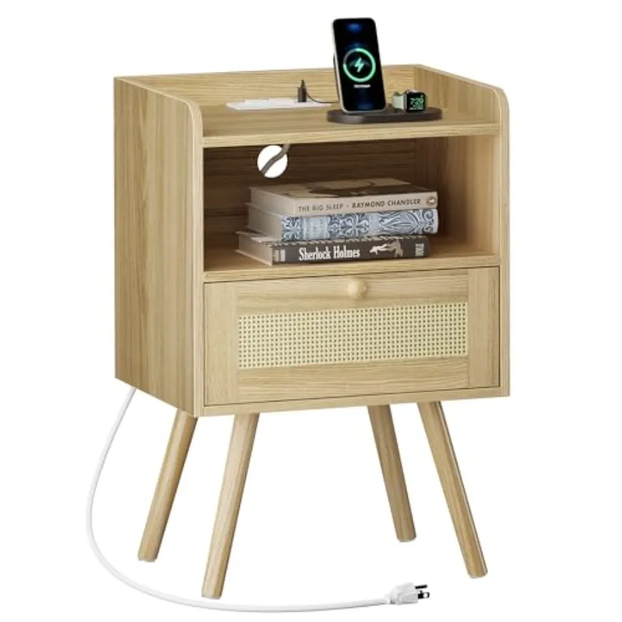 

Nightstand with Charging Station and Rattan-Like Decor Drawer Rattan End Table with Solid Wood Feet Bed Side Table with Open St