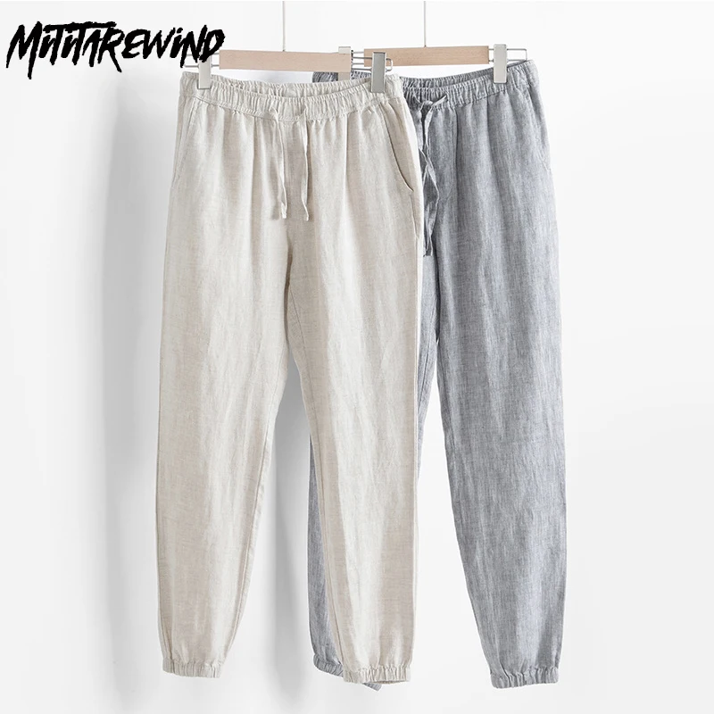 

Summer Pure Linen Pants Men Breathable Beach Baggy Pants Lightweight Drawstring Elastic Waist Gray Trousers Simple Solid Pants