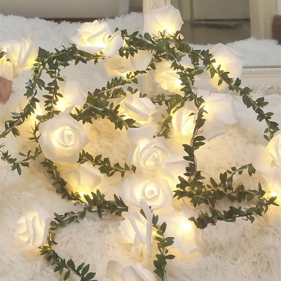 Roses LED Warm Light String Simulation Green Leaves Cane Ambient Lights Garden Christmas Day Decoration Flowers Colored Lights