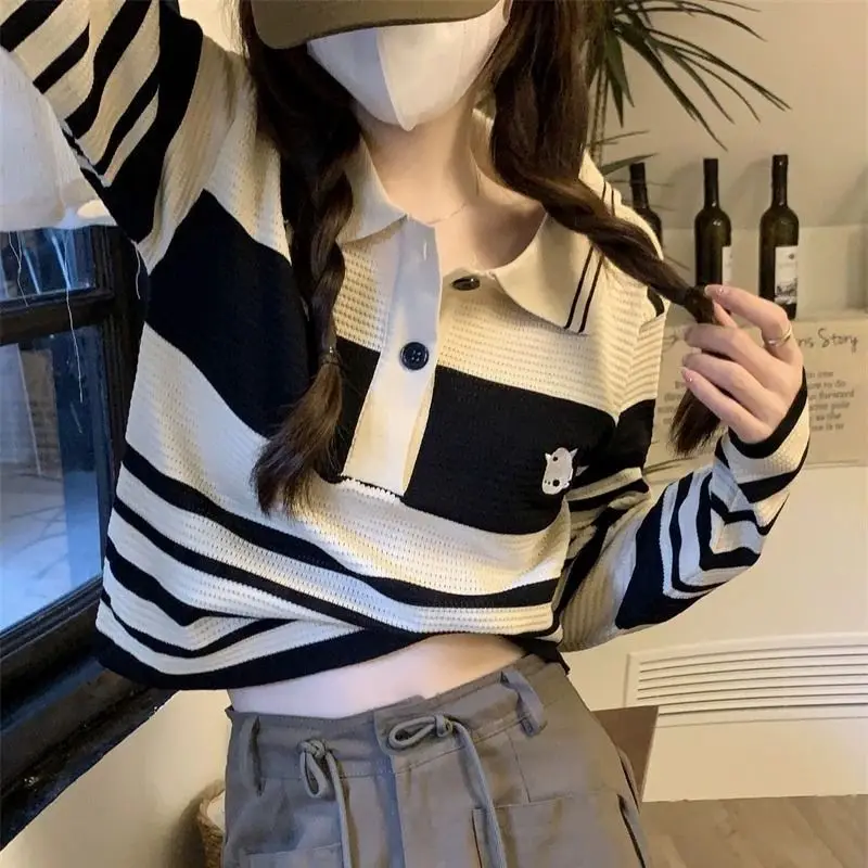 Polo Neck Striped Sweater Spring and Autumn New Niche Long-sleeved T-shirt Female Slim Top