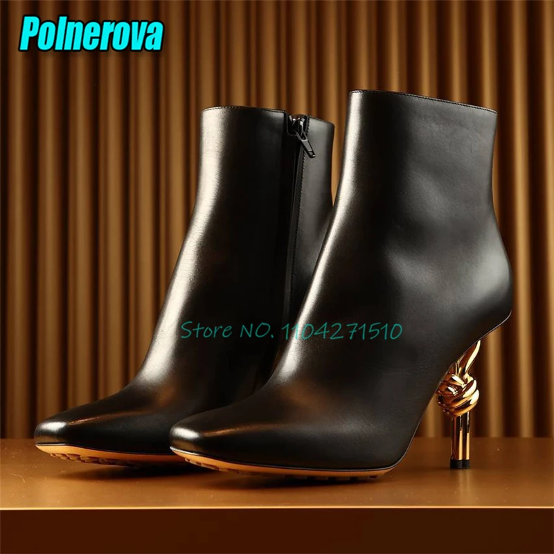 

Осень-зима Новые женские ботинки на странном каблуке с круглым носком и боковой молнией Металлические ботильоны на высоком каблуке Модная женская обувь большого размера