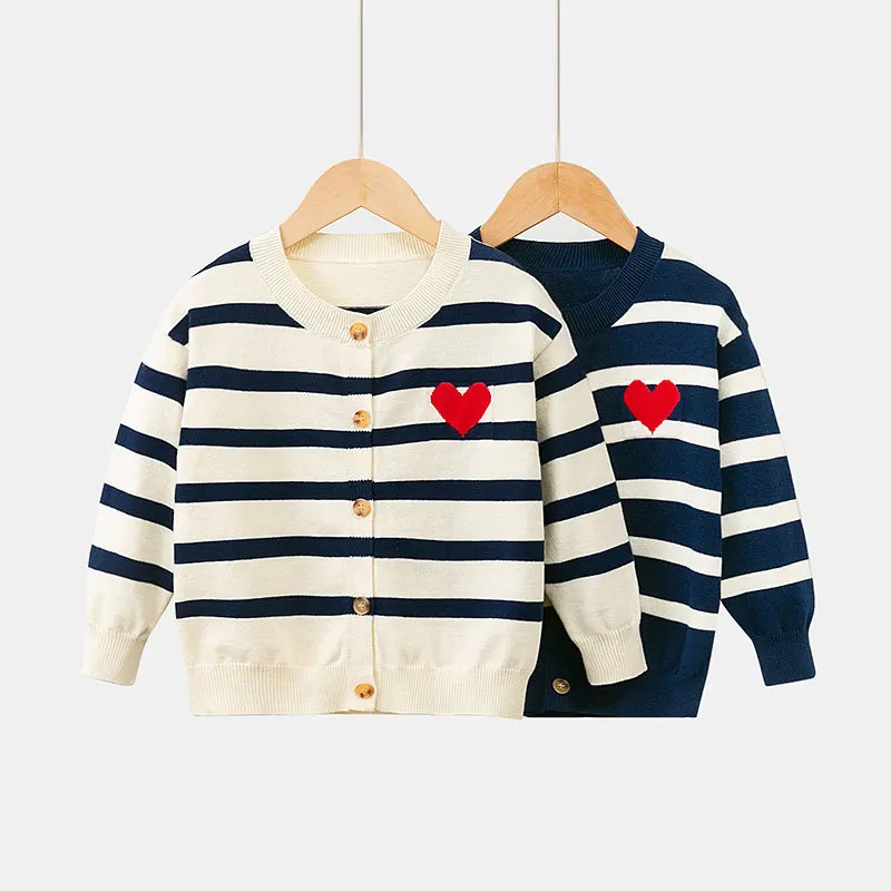New Girls Spring Autumn Sweaters Cardigans Kids Casual Striped Heart Jacquard Warm Knitted Cardigan Sweater Toddler Knitwear