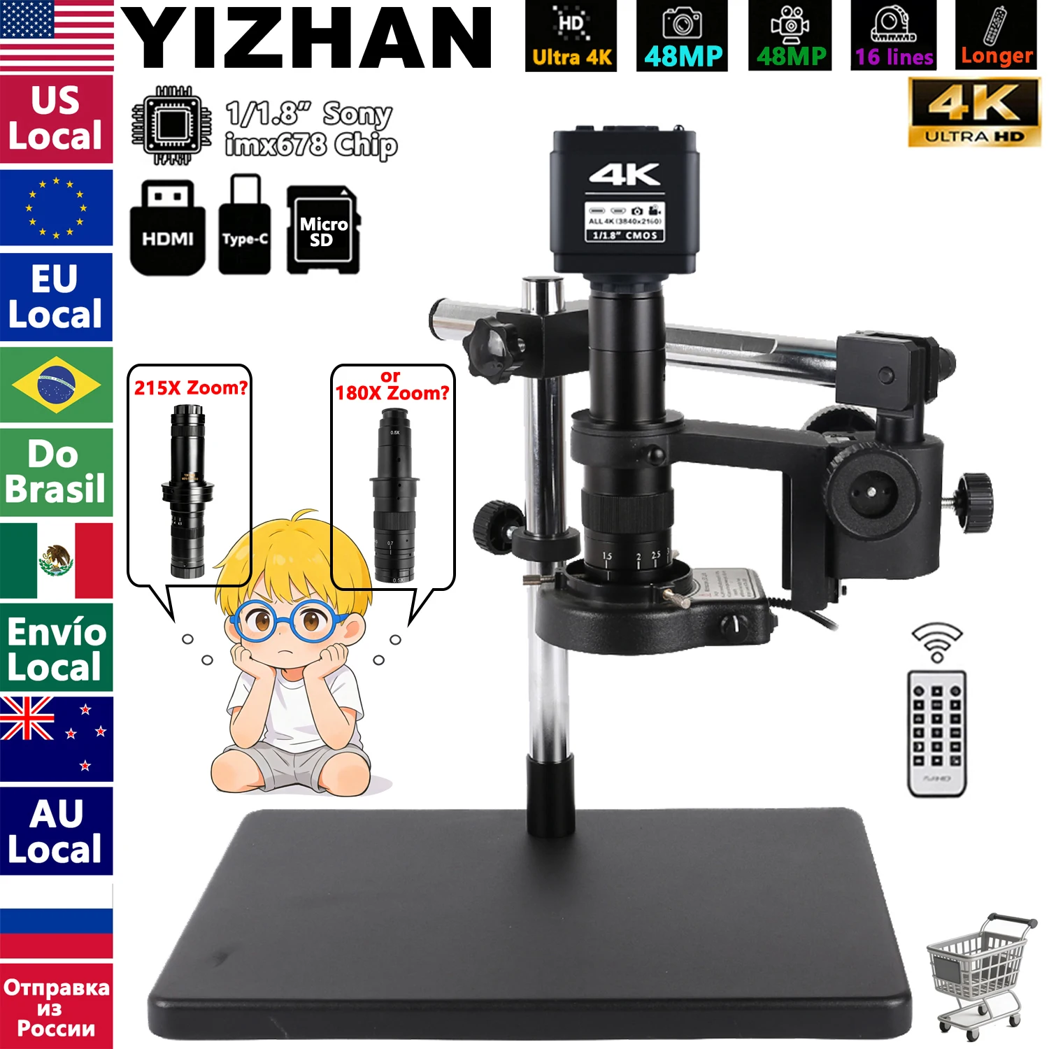 YIZHAN 4K Digital Microscope For Soldering IMX678 IMX415 Sensor, 180X Zoom 215X Focus Lens, Universal Adjustable Stand, Software