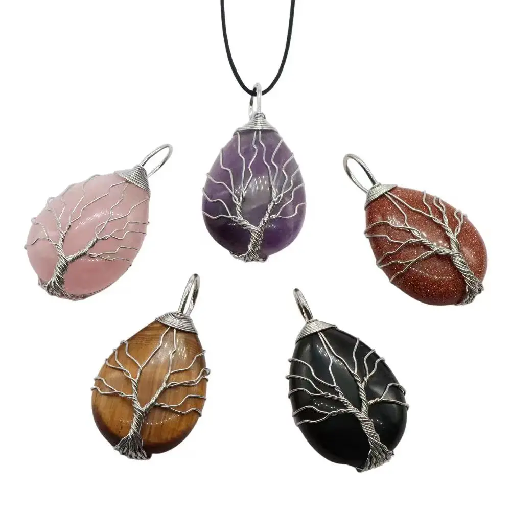 Tree of Life Crystals Necklace Water Drop Wire Wrap Pendant For Women Men Rose Quartz Amethyst Tiger Eye Mineral Healing Jewelry