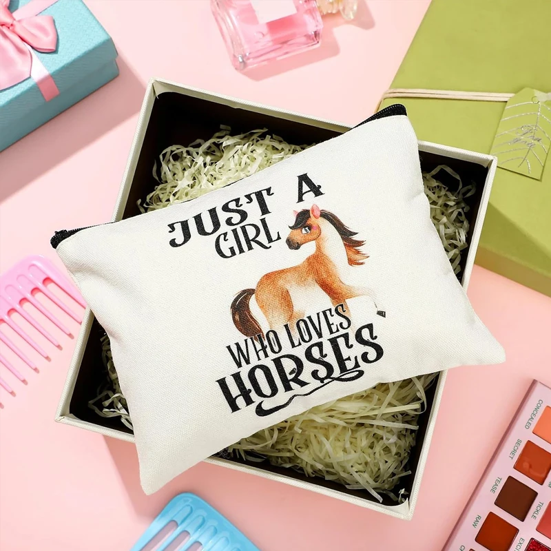 Bolsas de maquillaje con temática de caballo Just A Girl, bolsas de cosméticos de lona para amantes de los caballos, accesorios deportivos para fiesta, decoración de cumpleaños