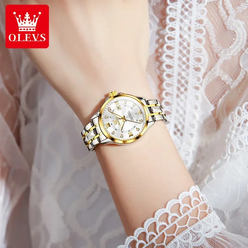 OLEVS NEW Quartz Watch for Women Dual Calendar Waterproof Stainles Steel Number Dial Ladies Wristwatch Christmas Gift 2906