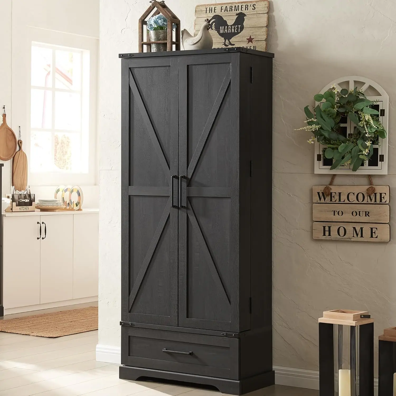 

72" Farmhouse Kitchen Pantry Cabinet with Drawer, Tall Storage Cabinet with 2 Barn Doors and Shelves for Dining Room,Living Room