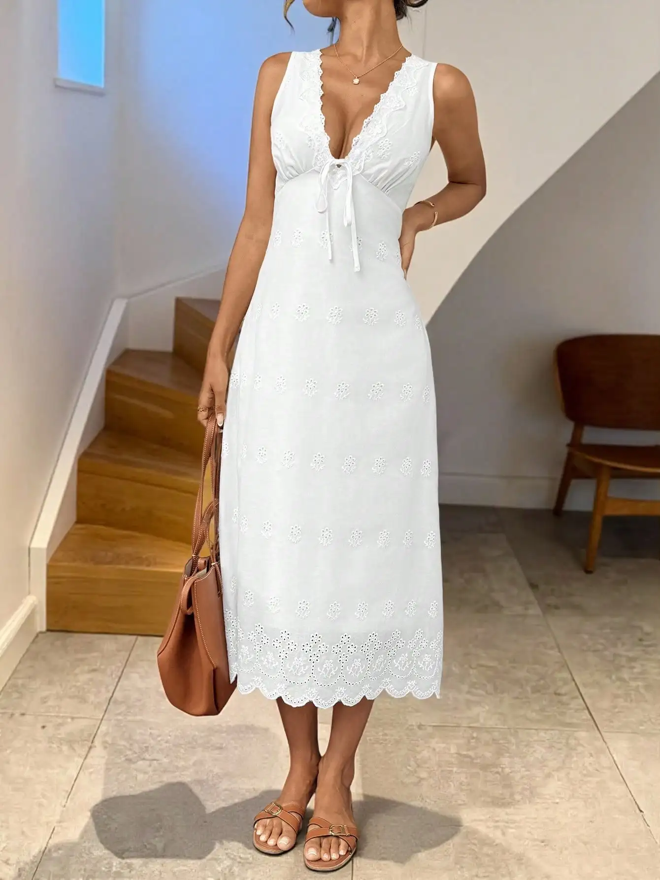 

Women's White Eyelet Lace-Up Sleeveless Midi Dress with V-Neck and Floral Embroidery