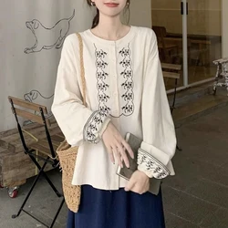 Women Chinese Style Vintage Embroidery Button Up Shirts Autumn Elegant Chic Loose Blouses Female Casual O Neck Long Sleeve Tops
