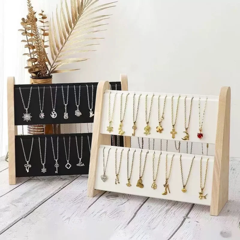 2/3 Layers Wood Slope Shape Jewelry Display Necklace Pendant Organizer Stand Holder Rack Showcase Tray