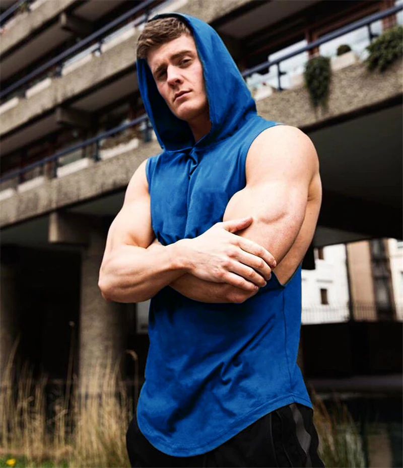 Plain Men\'s Gym Tank Top Hoodies Fitness Sleeveless Hooded T Shirt Cut Off Sports Singlets Bodybuilding Stringer Muscle Vest