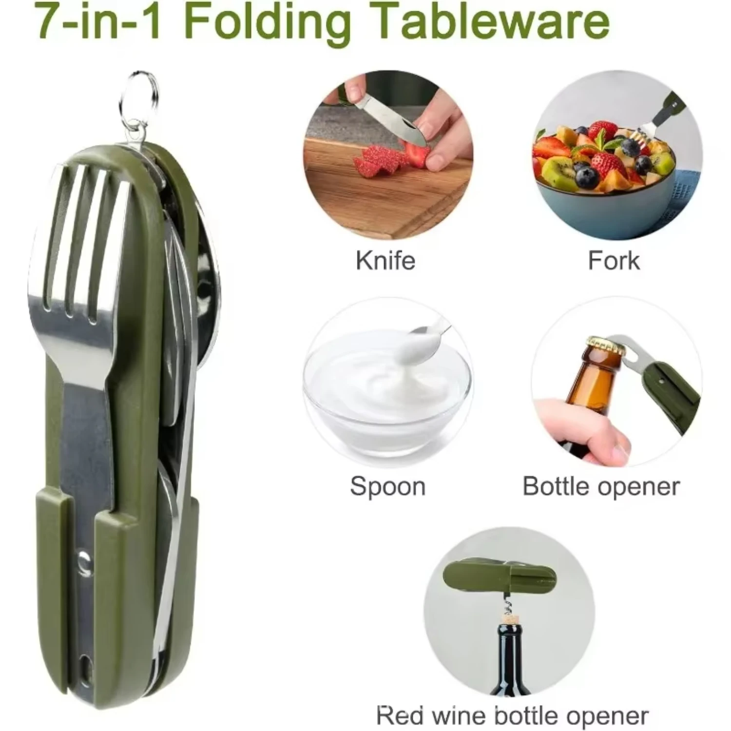 7 in 1 Multifunctional Outdoor Tableware Survival Tools Stainless Steel Foldable Fork Spoon  Picnic Camping Dinnerware Ab wheel