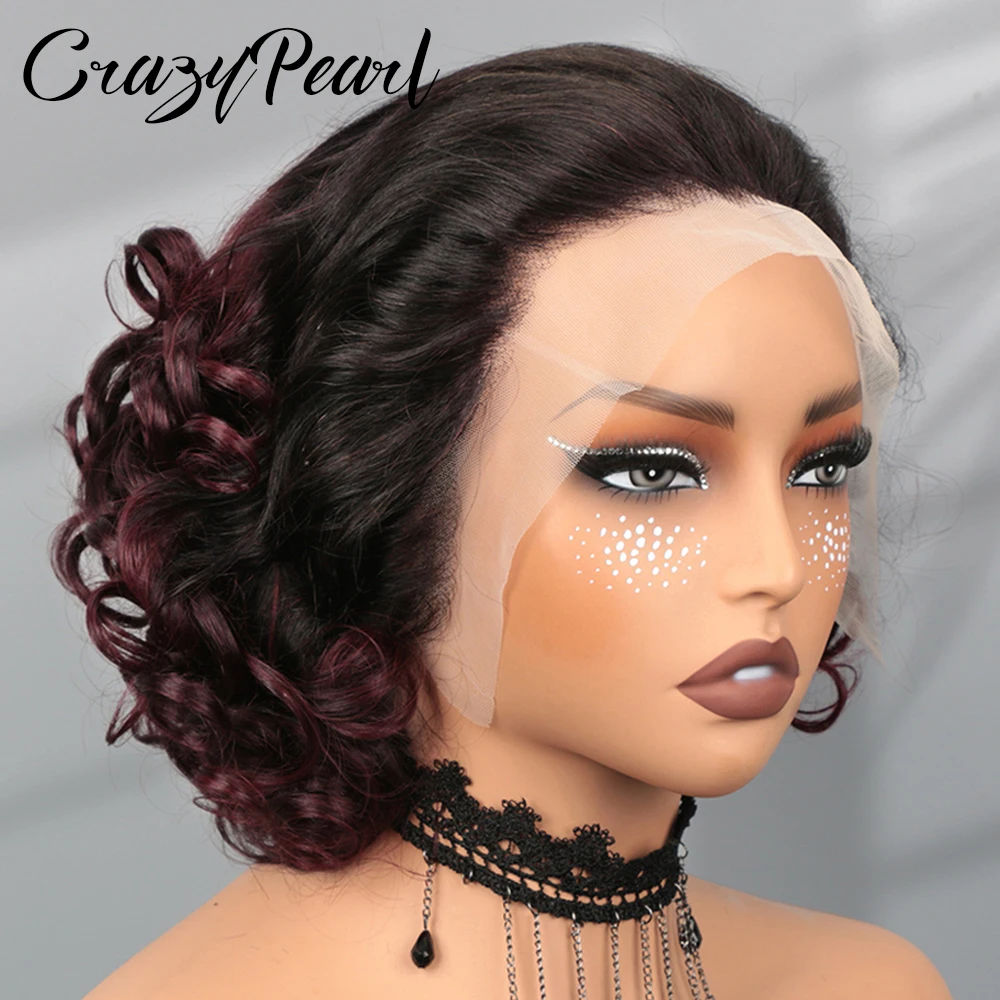 200% Density 13X4 Lace Frontal Loose Bouncy Human Hair Wigs Curly Frontal Human Hair Colored T1B/99J Short Wig for Black Woman