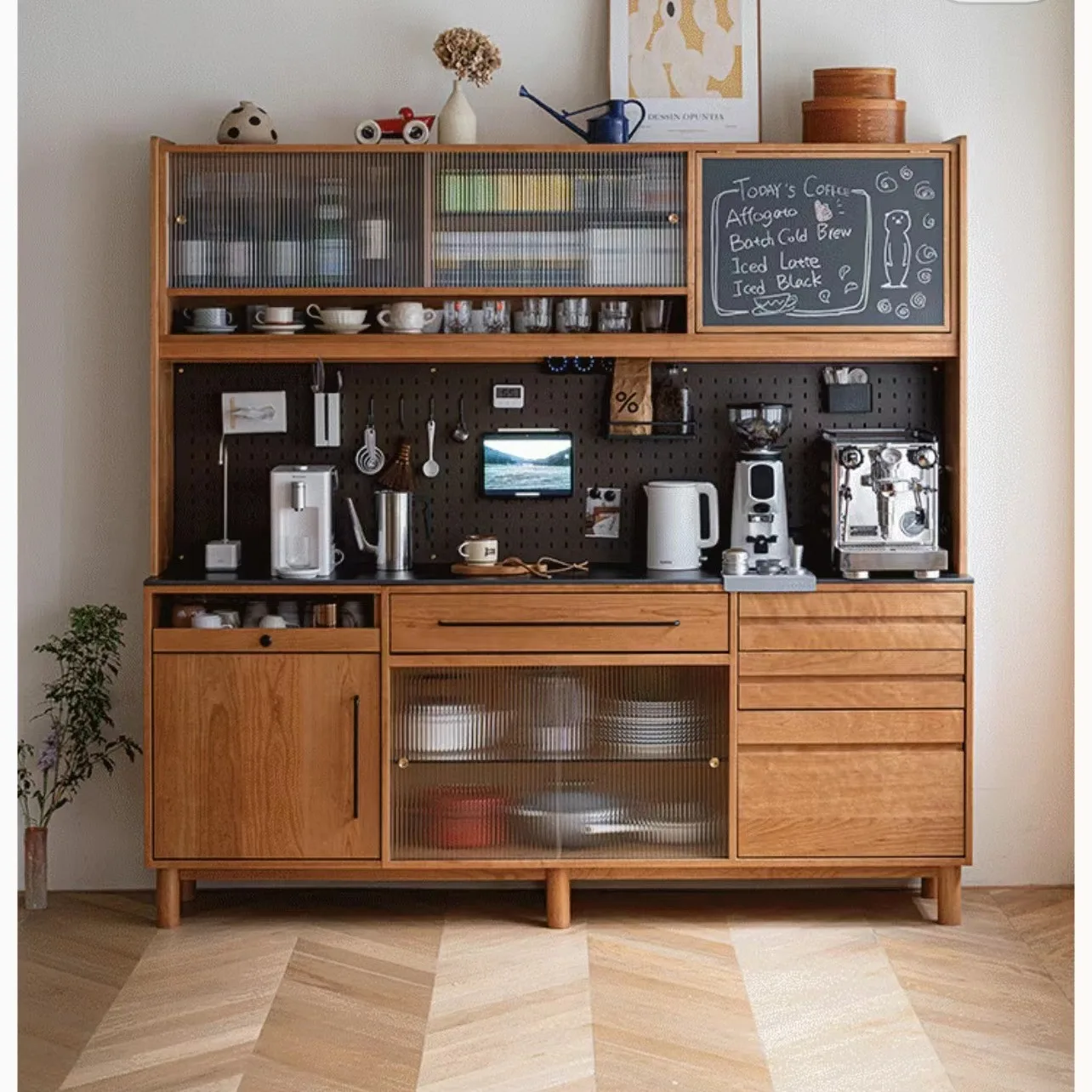 Solid wood dining side cabinet, multi-functional storage cabinet, tea cabinet, kitchen integrated upper and lower cabinets again