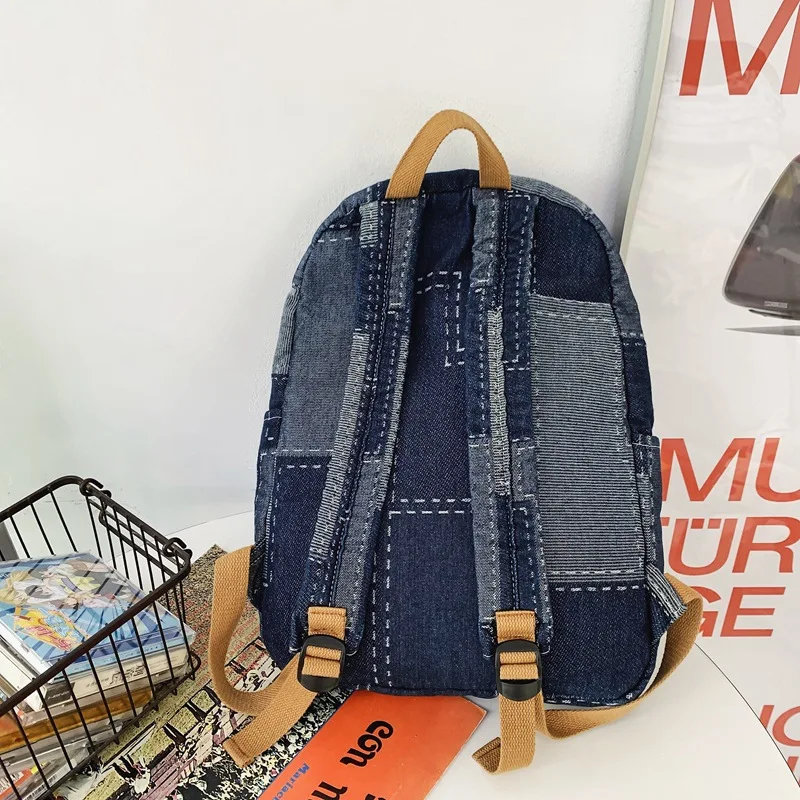 Lazy cowboy schoolbag student shoulder wash retro stitching cowboy large capacity backpack