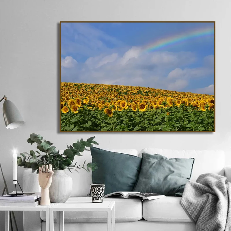 Sunflower Field At Sunset Sunshine Landscape Art Posters Canvas Painting Wall Prints Pictures for Living Room Home Decor Cuadros