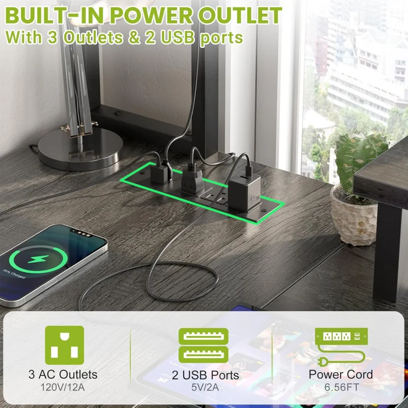 (UUX) L Gaming Power Outlets, 48" L Shaped LED Computer Desk with Monitor Stand & Storage Shelf, Corner Gam UQ