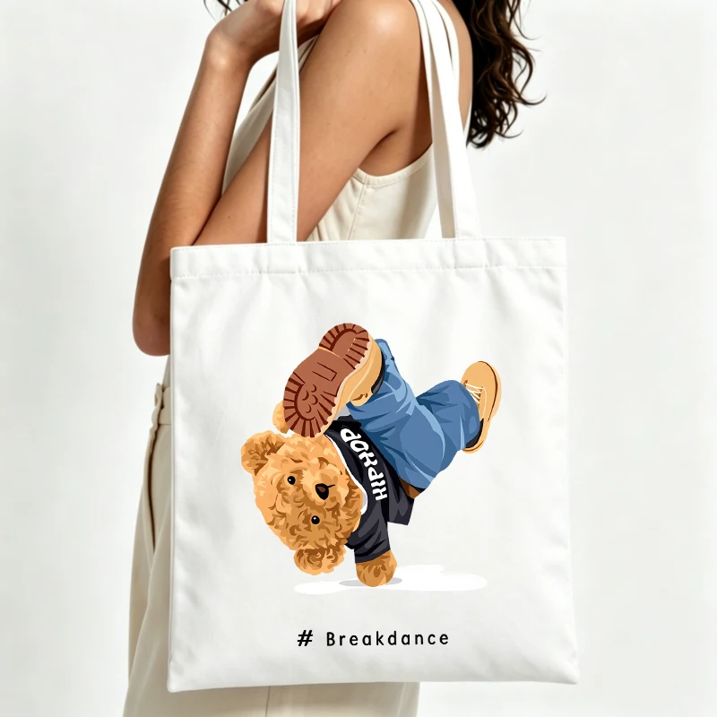 Women's canvas tote bag with dancing bear graphic, streetwear style for casual daily use and shopping outings