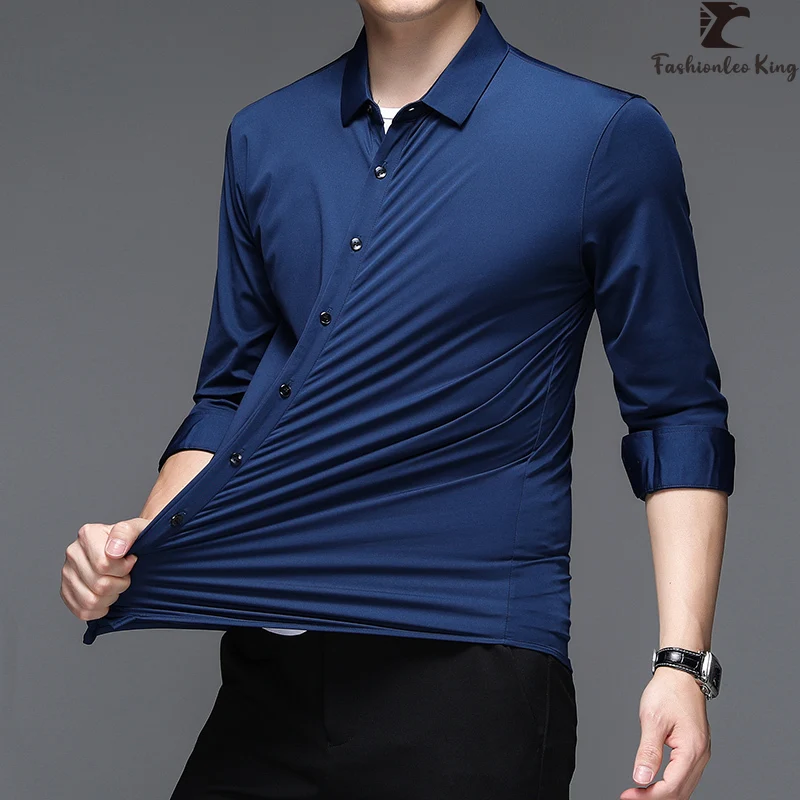 Classic Men\'s High Elastic Smart Casual Long-Sleeved Shirt Male Traceless Technology Formal Shirts