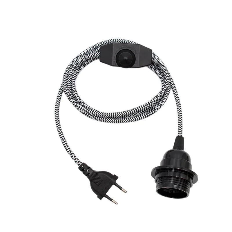 AC 220V EU Plug  Power Cords Textile Covered Cable With Dimmer Switch E27 Threaded Bulb Lamp Holder Ring For Hanging Light