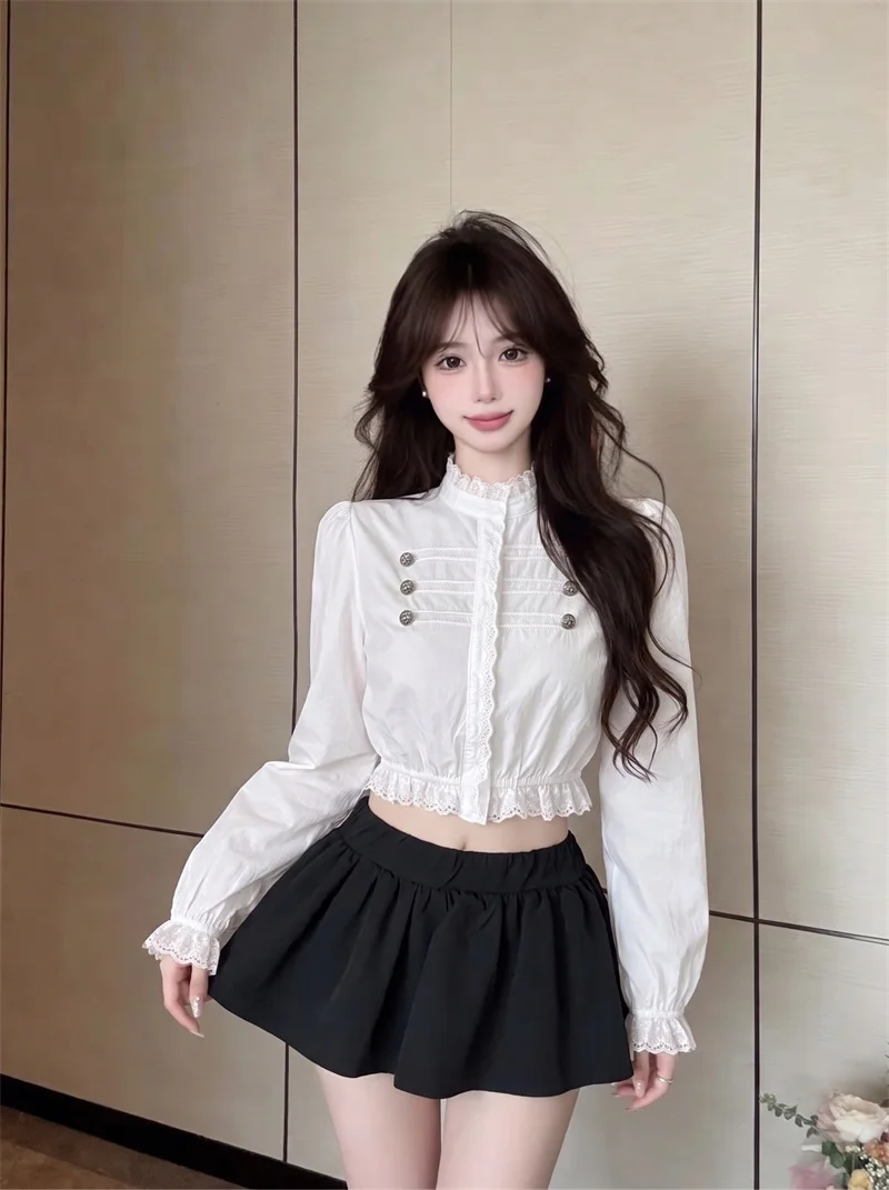 Women Vintage Ruffle Stand Collar Blouse Lace Trim Puff Long Sleeve Cropped Shirt Elegant Palace Style Crop Top
