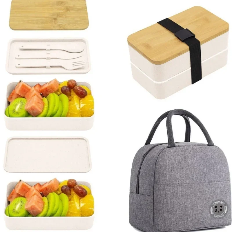 1200ML Divided Lunch Box Picnic Microwave Wooden Cover Japanese Bento Box Portable Double Layer Food Container for Kids