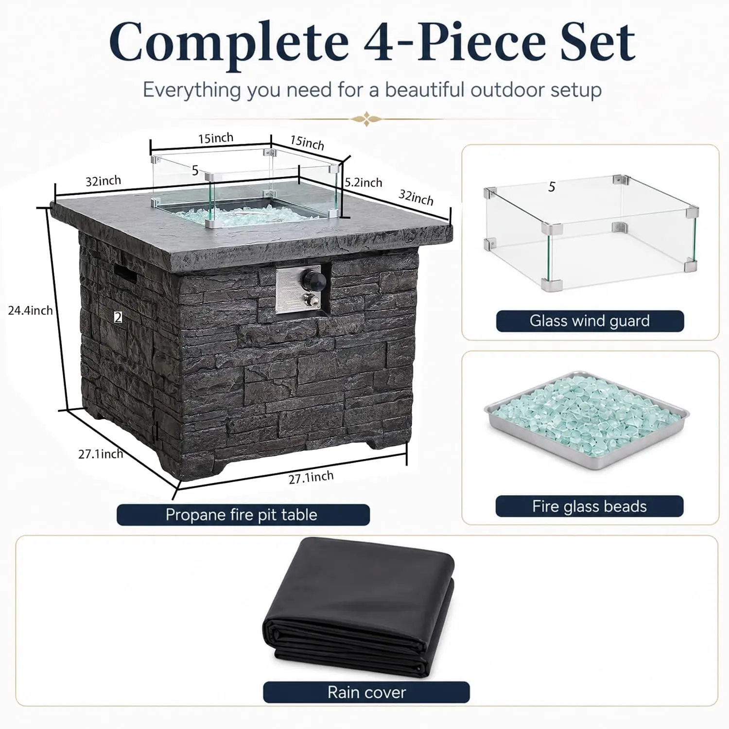 4-Piece Propane Fire Pit Table Set, 50,000 BTU Outdoor Gas Fire Table, Customized