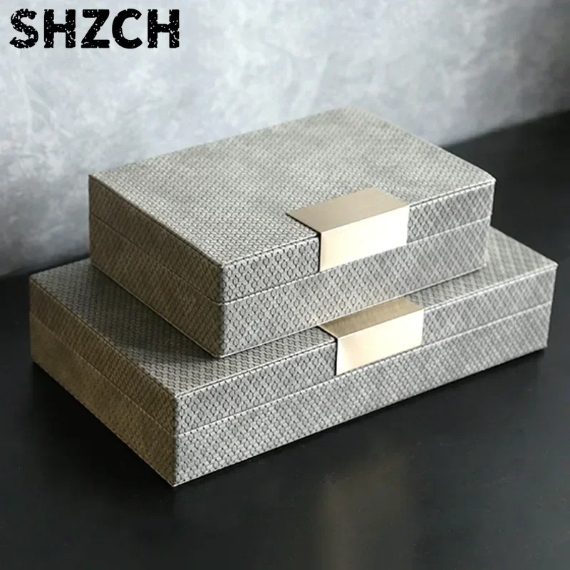 Luxury Gray Leather Jewelry Box High-grade Light Ancient Sundries Organizer Model Room Hotel Home Decoration