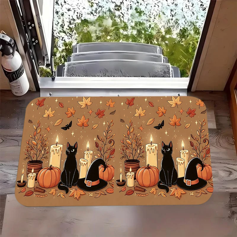 Brown Wood Grain Welcome Gold Maple Leaf Acorn Autumn Entrance Mat Non-Slip Doormat for Front Door Porch Harvest