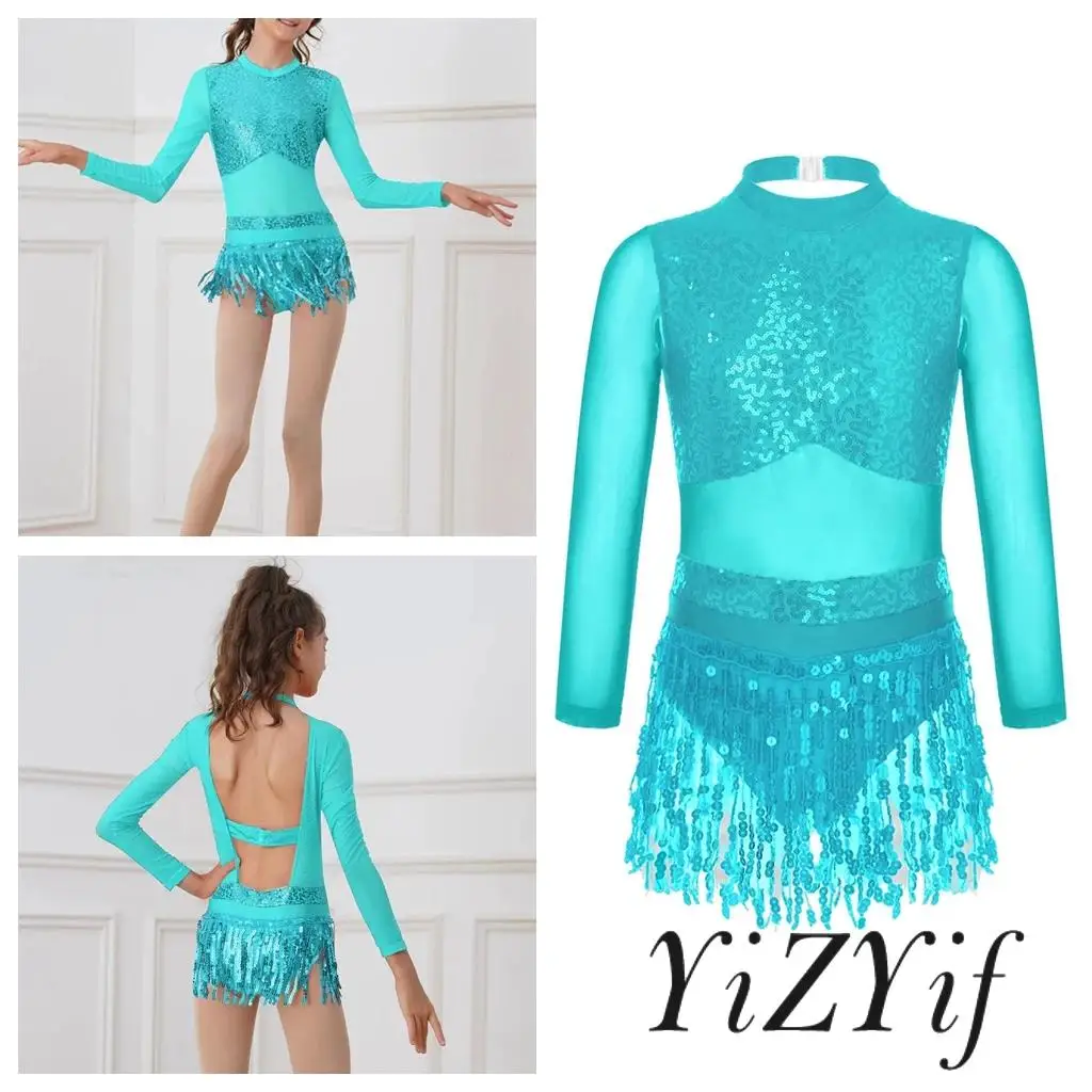

Girls Tassel Stage Performance Dancewear for Latin Jazz Ballet Figure Skating Dress Shiny Sequins Hollow Back Patchwork Dress