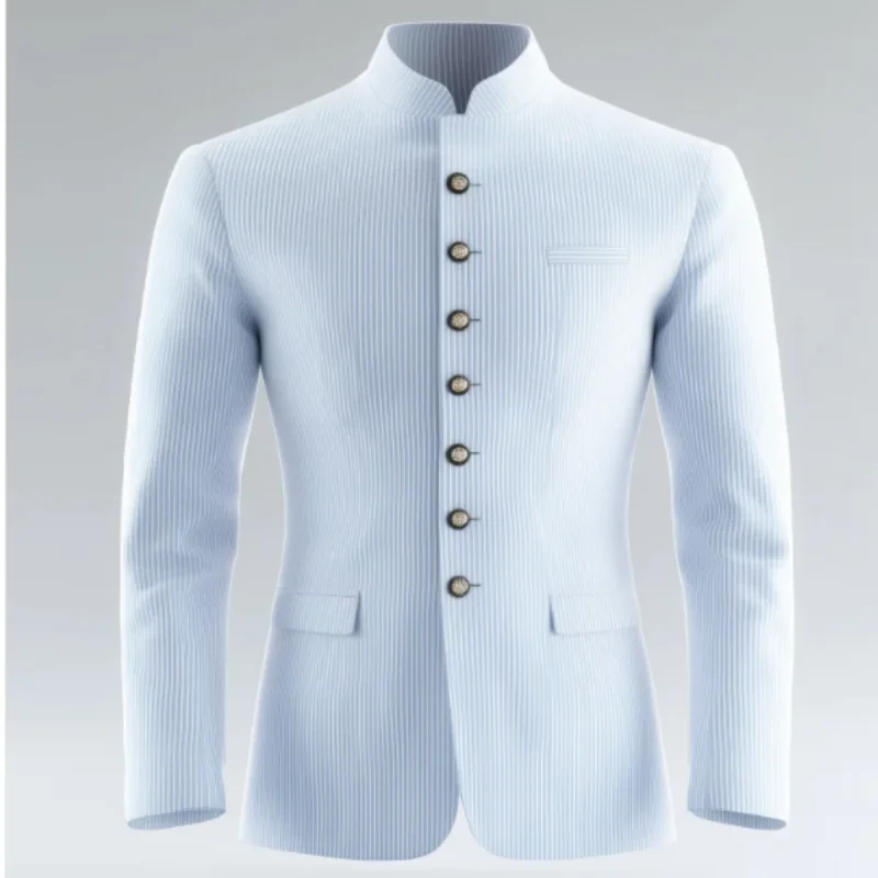 

Men's Business Casual Suit Handsome Pinstriped Wedding Blazer Fashion Chinese Stand Collar Single Breasted Slim Fit Dress Coat