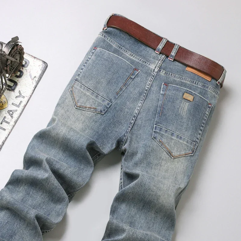 Men's Slim Fit Casual Jeans 2026 Elastic Waist Classic Gray Fitted Straight Business Trousers Denim Pants Brand Clothes