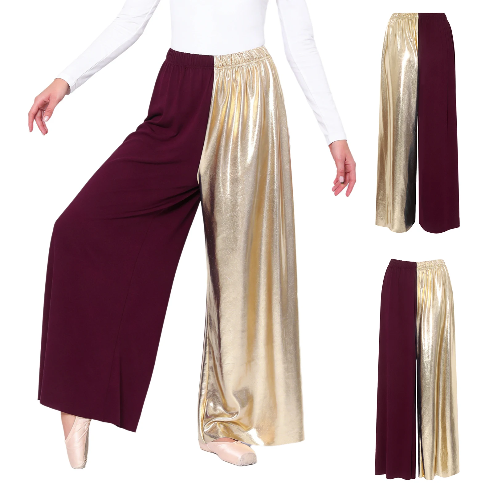 

Metallic Shiny Patchwork Liturgical Praise Dance Trousers Women Wide Leg Long Pants Modern Lyrical Dance Performance Costume