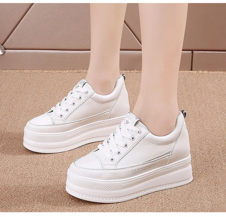 Autumn Women\'s Shoes New 7cm Microfiber Leather Women\'s Casual Shoes White Wedge Thick Soled Shoes White Sports Skate Shoe