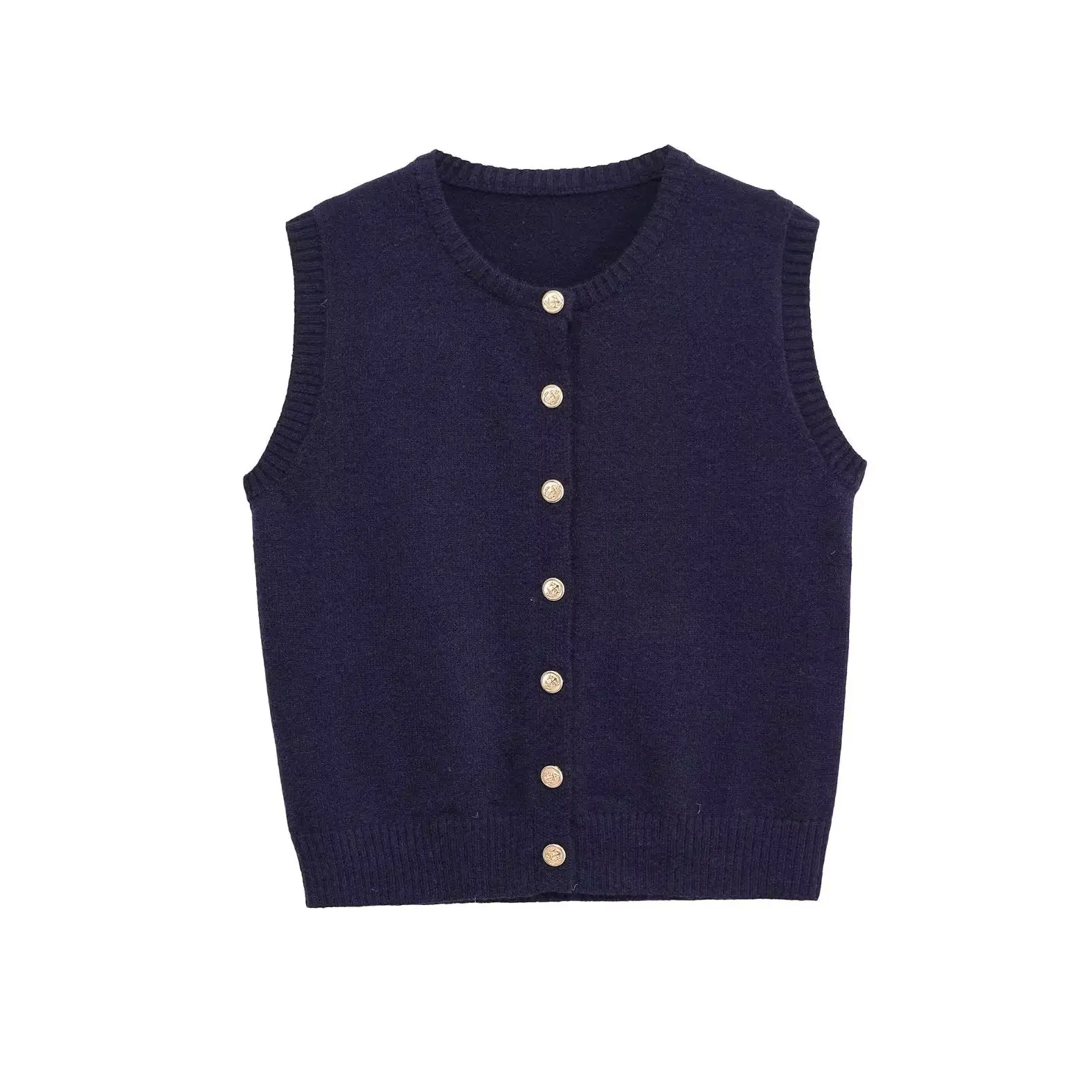 KONDALA Chic Blue Sheath Elegant Women V-Neck Knit Vest Autumn Buttons Vintage Pullover Vest Fashion 2025 Fall Female Tank Top