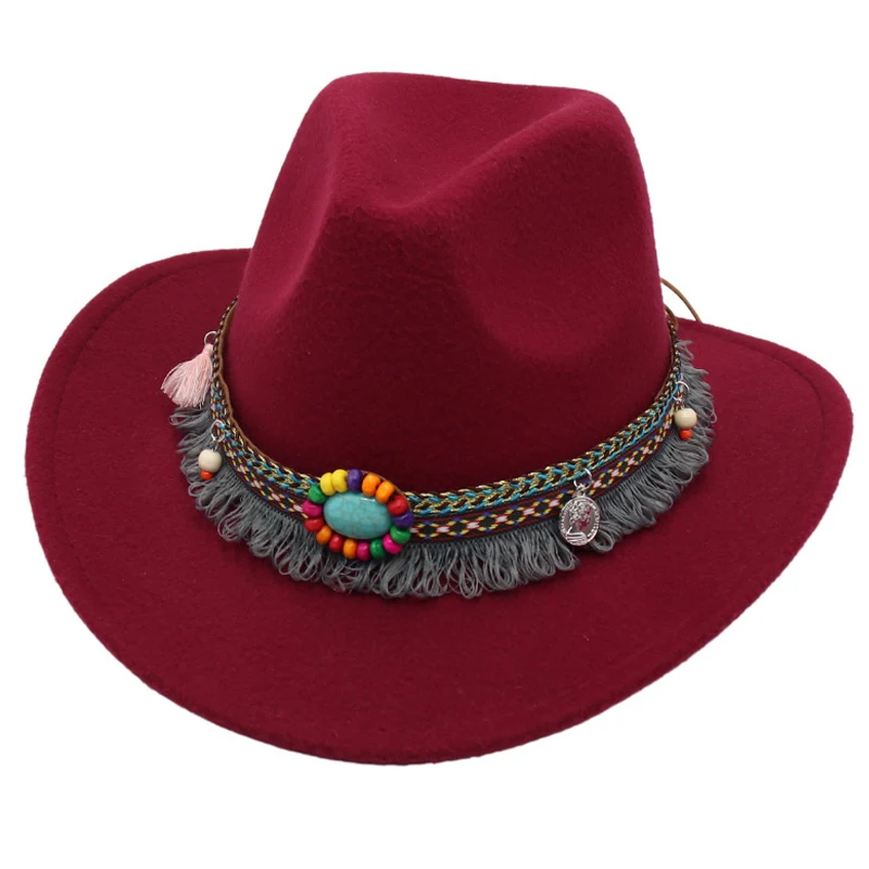 New Turquoise Felt Hat for Men And Women with Tassels Ethnic Western Cowboy British Vintage Jazz Cat Outdoor Boho Sun Hat
