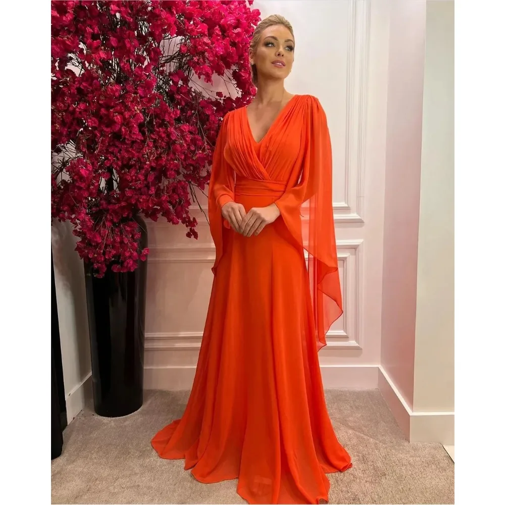 Customized Long Pleated Chiffon Mother of the Bride Dresses A-Line Orange V-Neck Floor Length  Party Dress for Wedding