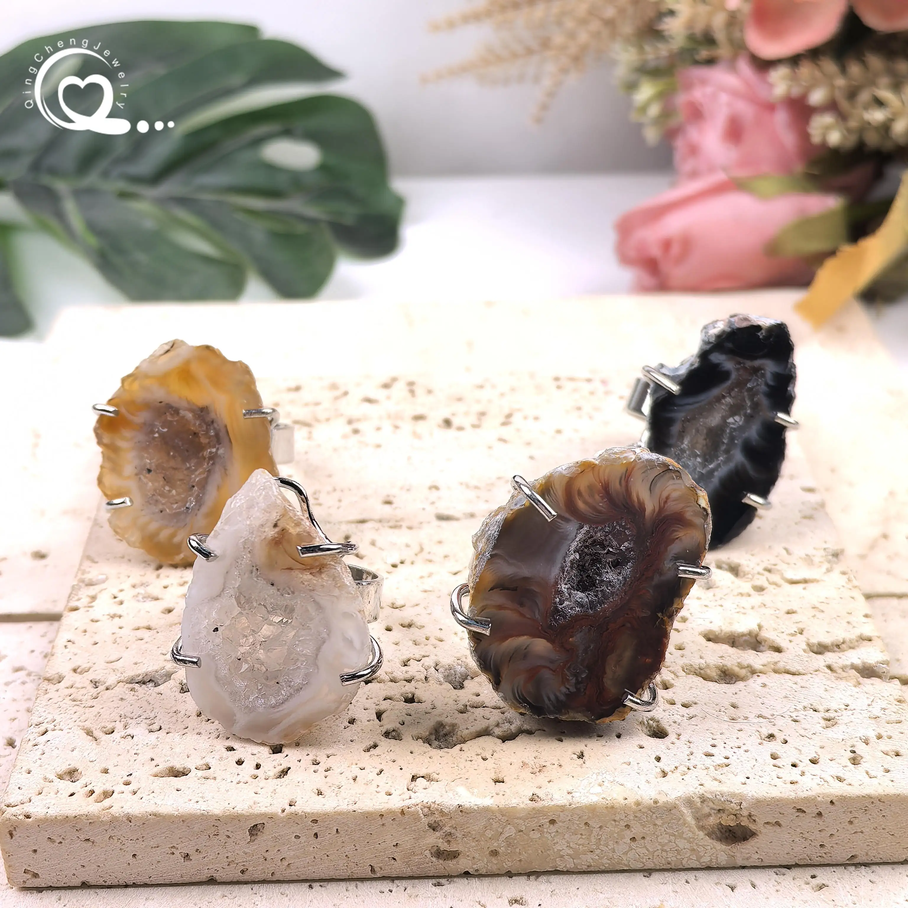 Natural Agate Geode Ring Healing Crystal Quartz Druzy Drusy Slice Slab Adjustable Ring Women Fashion Jewelry Dropshipping,QC4242