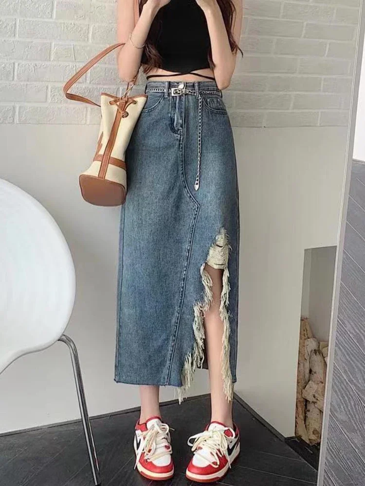 Skirts Women Side Slit Design Japan Style New Summer Vintage High Waist All-match Fashion Do Old Sexy Streetwear Leisure Midi